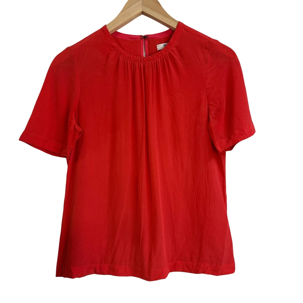 Madewell Women's‎ Red Silk Short Sleeve Gathered Crew Neck Top Blouse XS